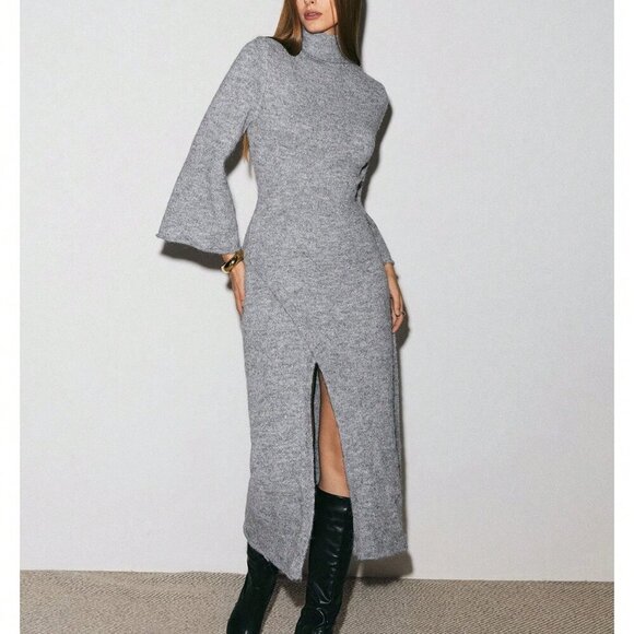 Grey Casual Women's Asymmetrical Hem Turtleneck Sweater Dress